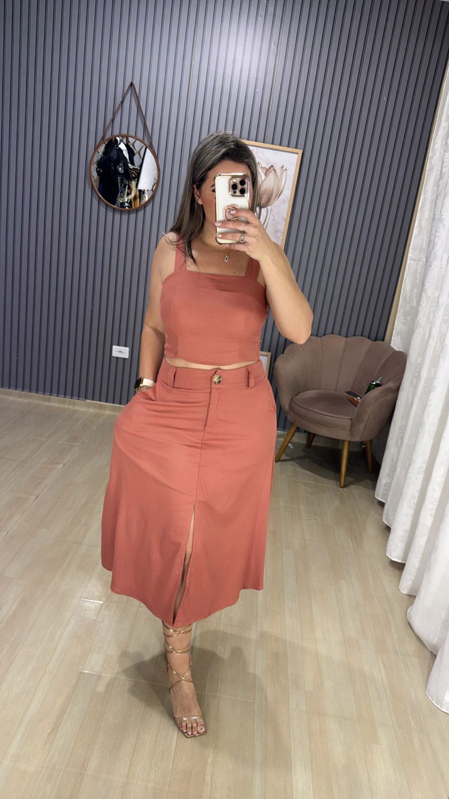 Conjunto saia midi linho