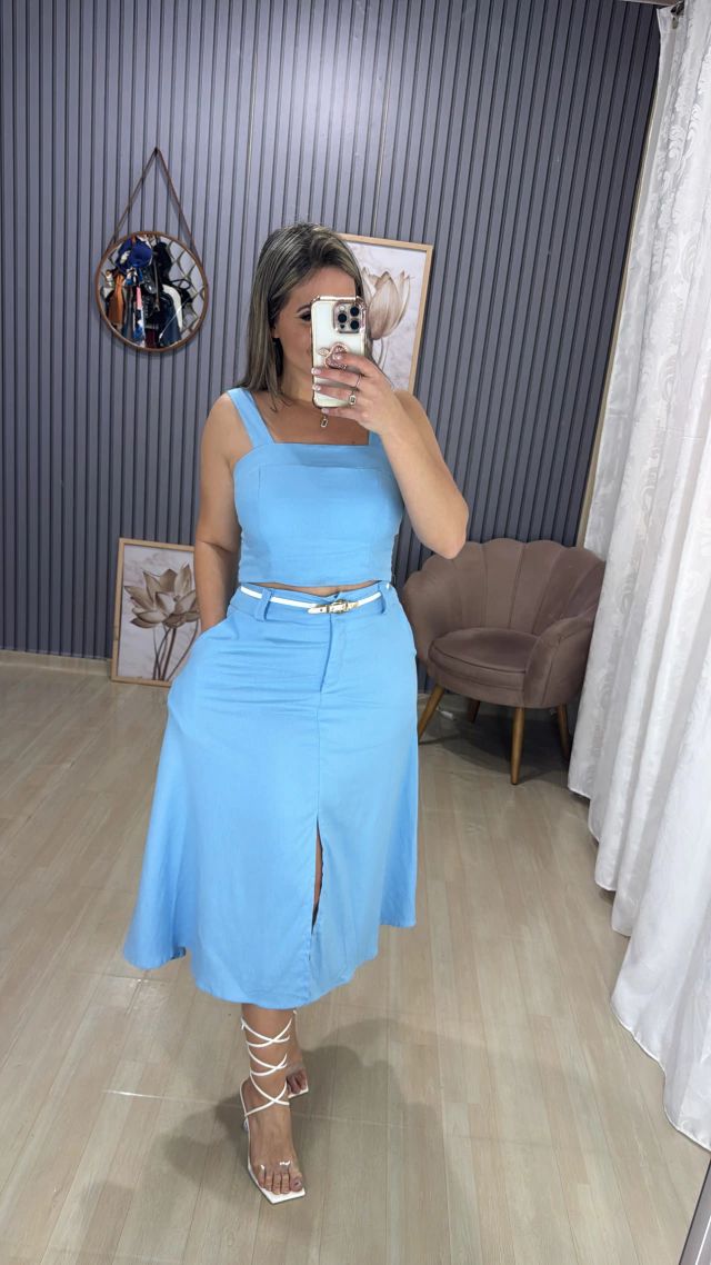 Conjunto saia midi linho